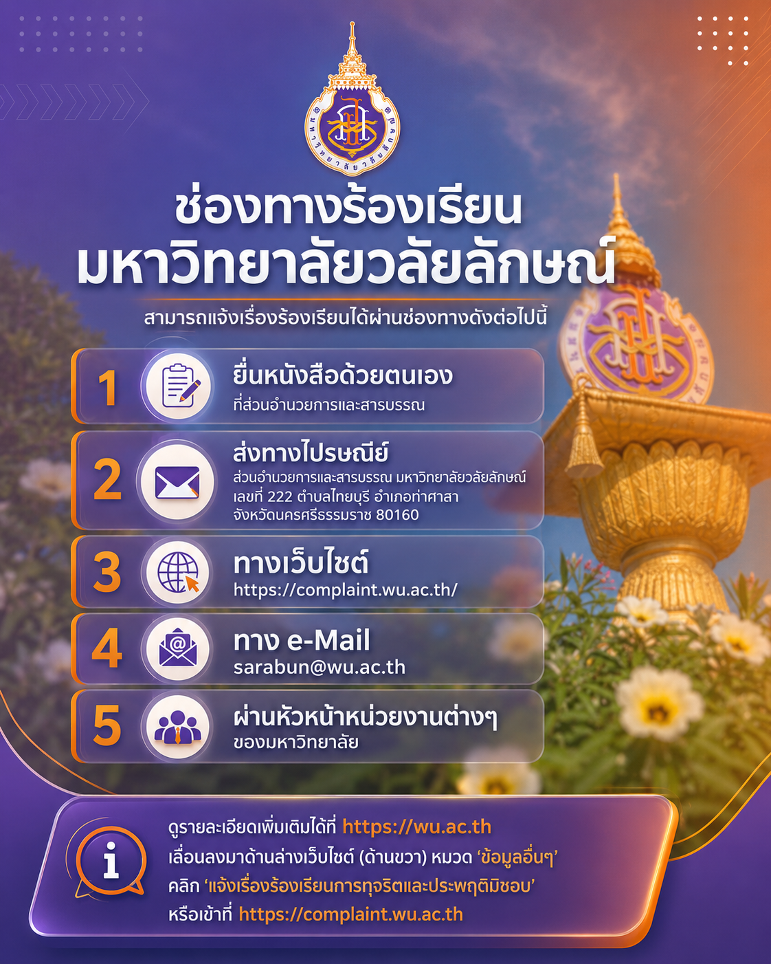 ช่องทางร้องเรียน มหาวิทยาลัยวลัยลักษณ์